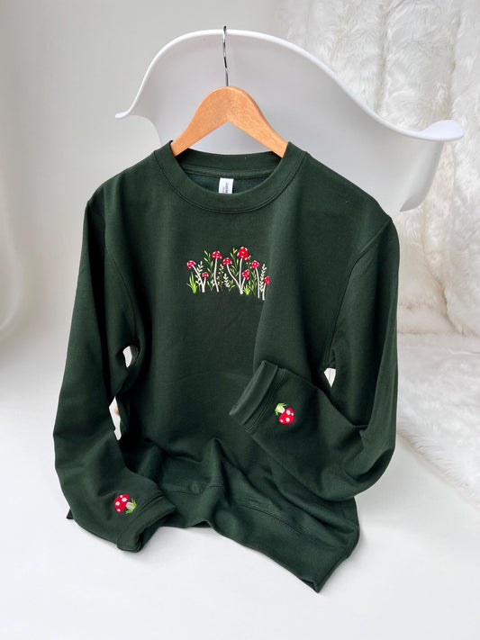 Mushroom Embroidered Crewneck Sweatshirt - Forest GreenKiddio