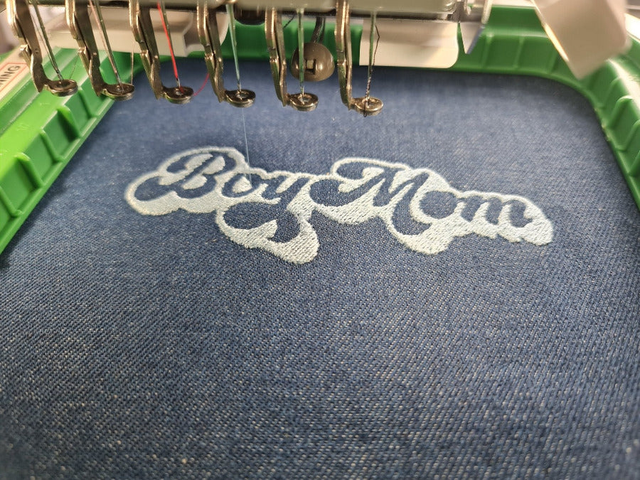 Boy Mum Denim Tote Bag. Custom embroidery.