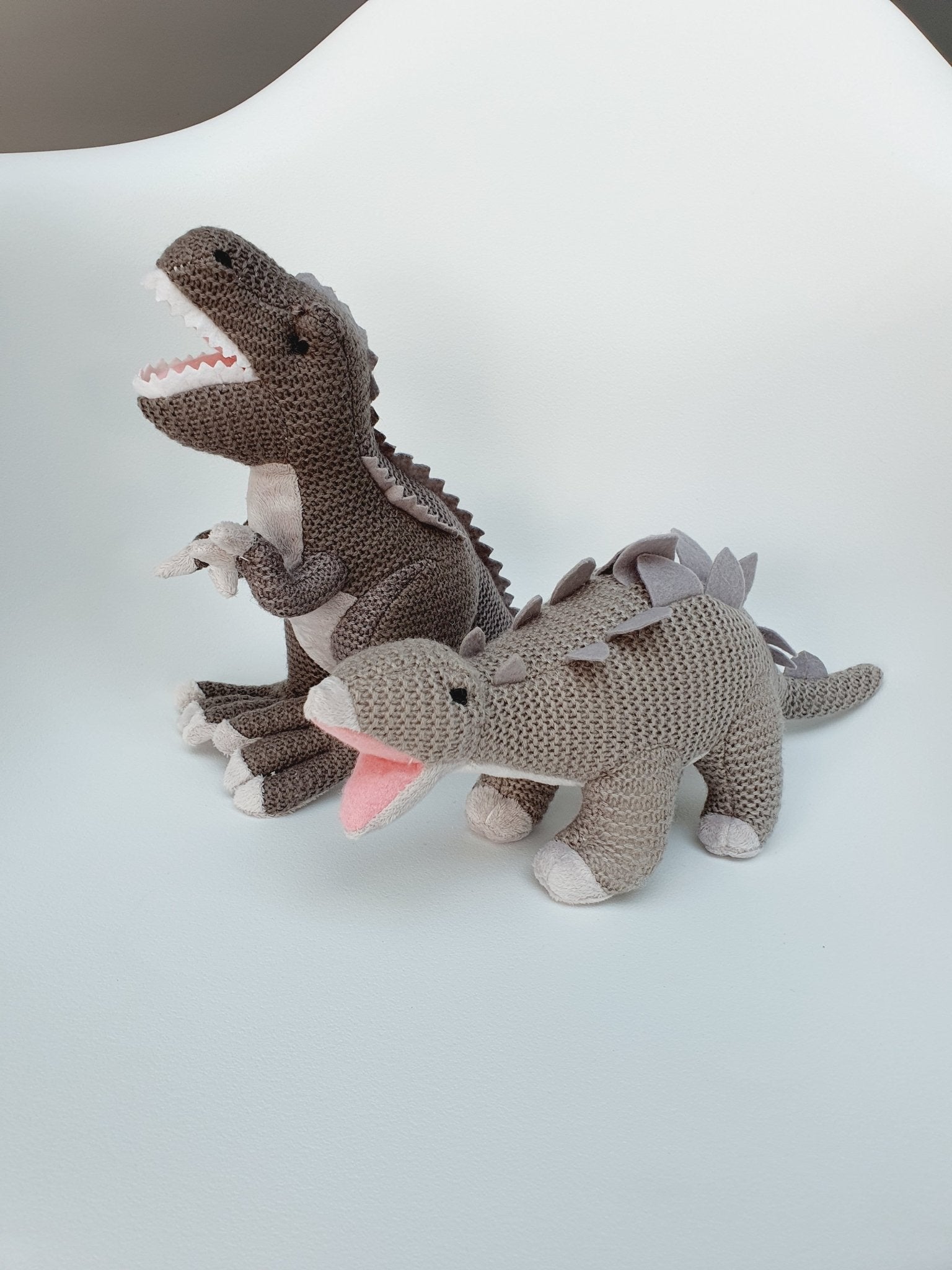 Knitted T-Rex and Stegosaurus from Wilberry ToysKiddioSoft Toys