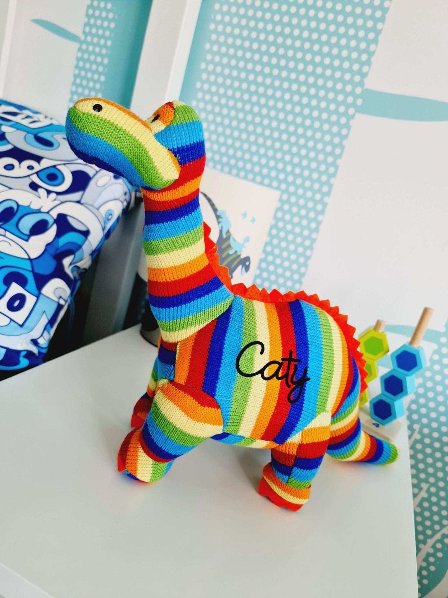 Personalized Knitted Dinosaurs, T-Rex, Diplodocus, Triceratops & Stegosaurus from Best YearsKiddioSoft Toys